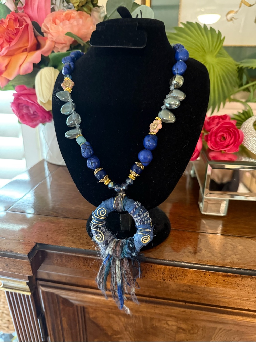 One of a kind Boho Statement Necklace with Mixed Beads and Fabric Pendant